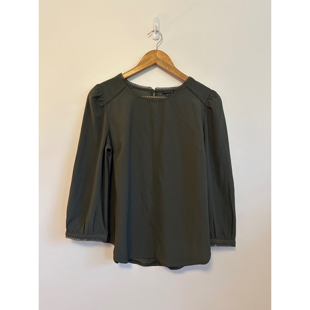 Ann Taylor Olive Green Crochet Lace Trim Puff Sleeve Blouse | Size Small
